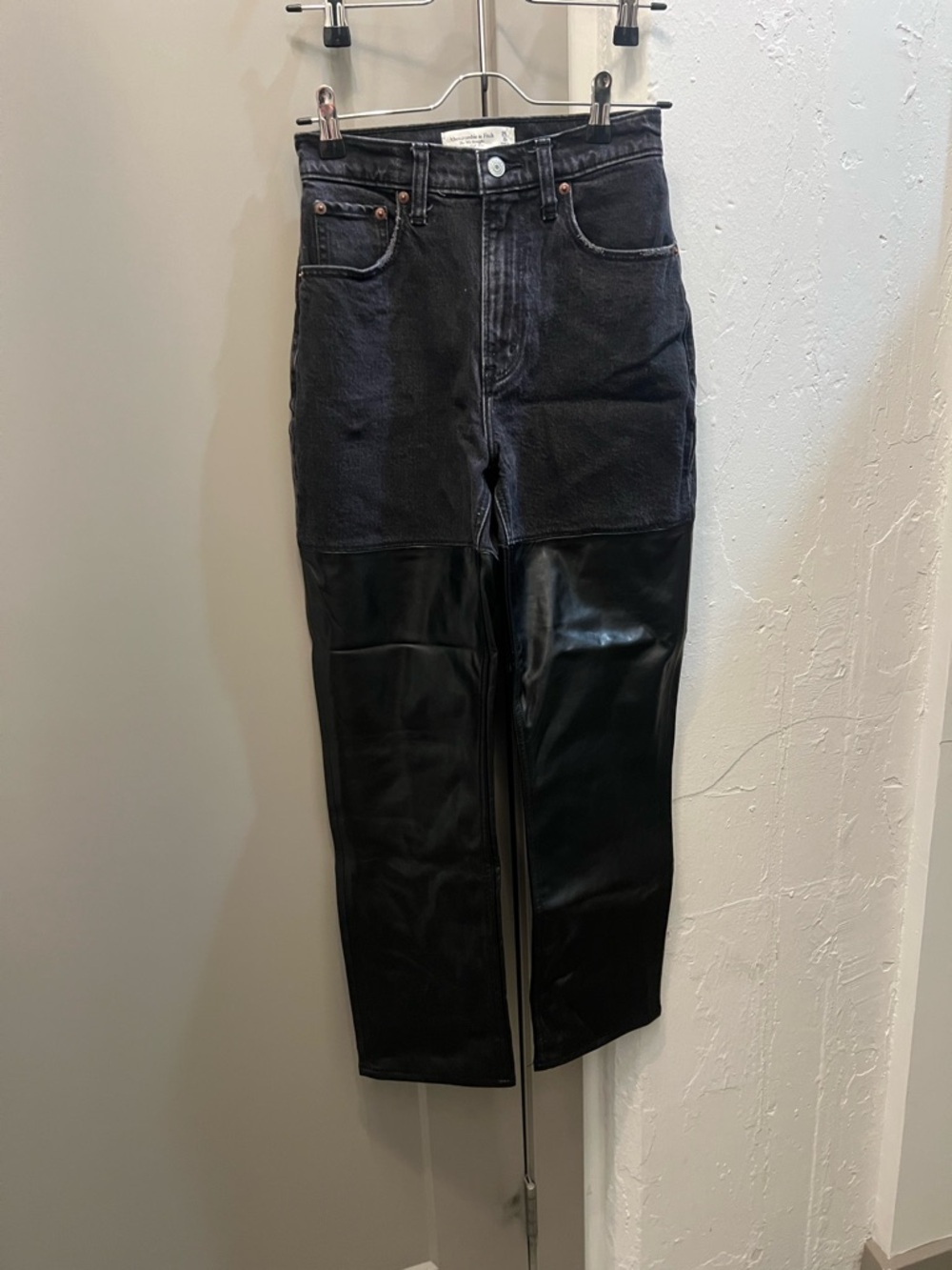 Womens Black Two-Tone Jeans with Faux Leather Panels